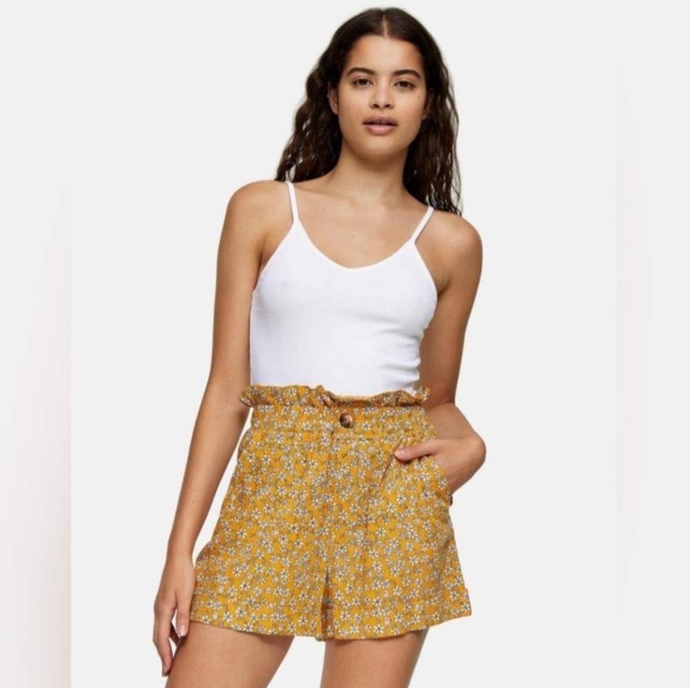 Topshop Mustard Yellow Linen Blend Floral Print Paperbag Turn Up Shorts Size 10